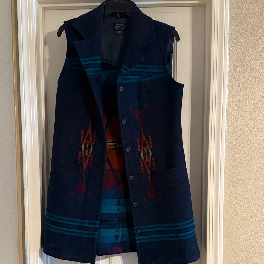 Pendleton Navy Sleeveless Wool Blend Vest with Turquoise & Orange Pattern